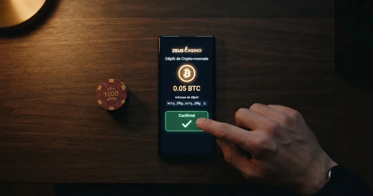 Écran de casino en ligne crypto affichant un dépôt en bitcoin sans introduire de coordonnées bancaires