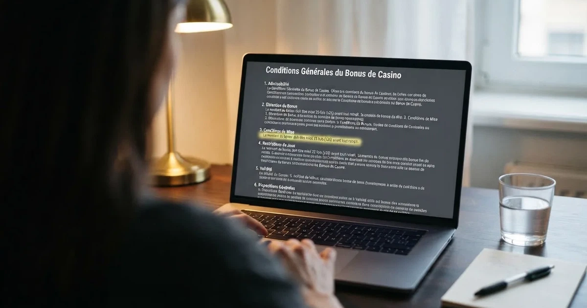 Gros plan sur les conditions générales d'un bonus affichées à l'écran, avec la ligne du multiplicateur de mise surlignée
