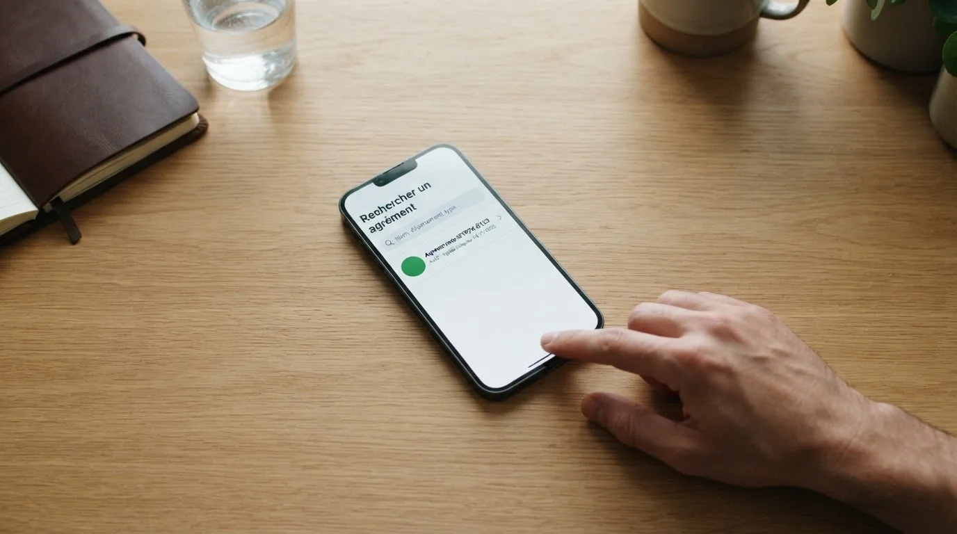 document officiel stylisé représentant un agrément ANJ consulté sur smartphone