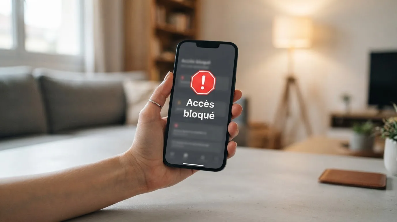 Main tenant un smartphone affichant un message d'avertissement d'accès bloqué