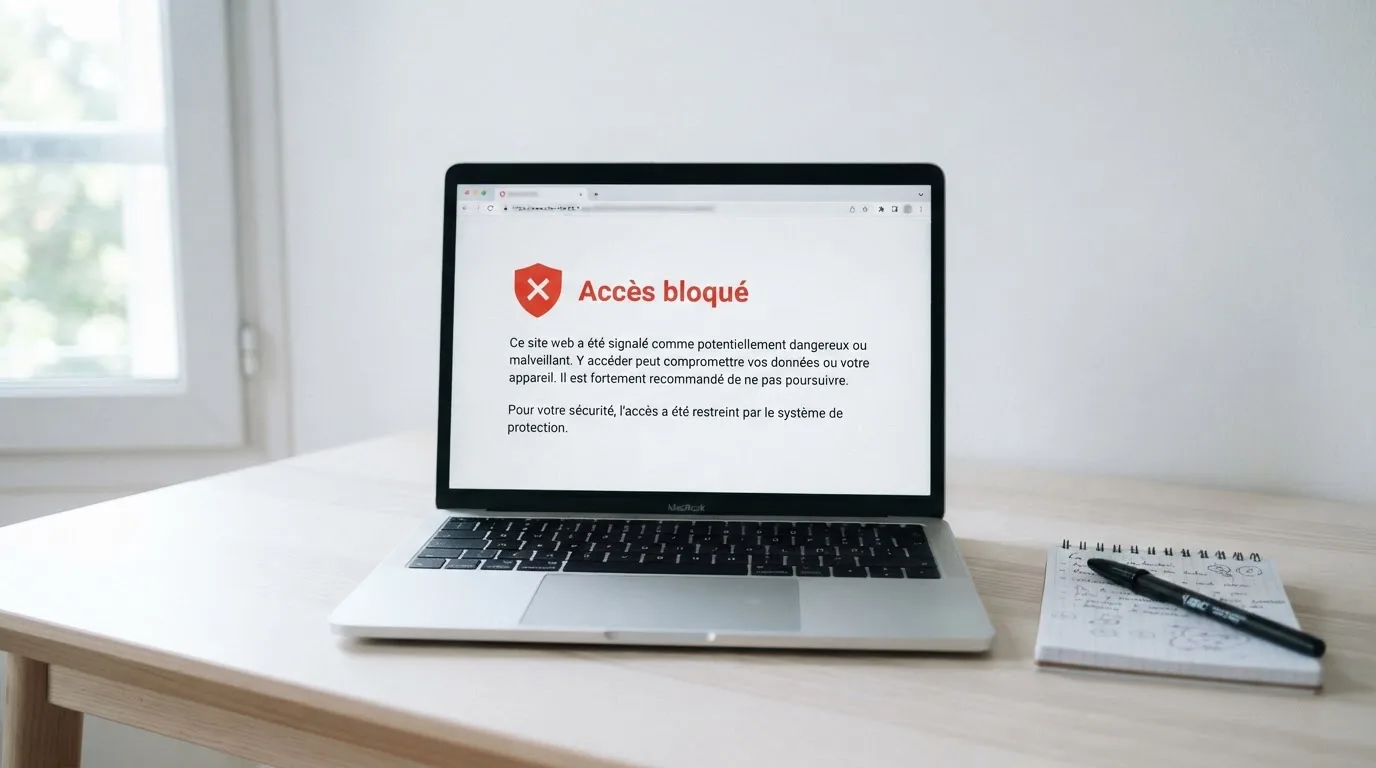Page d'un navigateur affichant un message d'accès bloqué à un site de jeu, symbolisant le blocage administratif