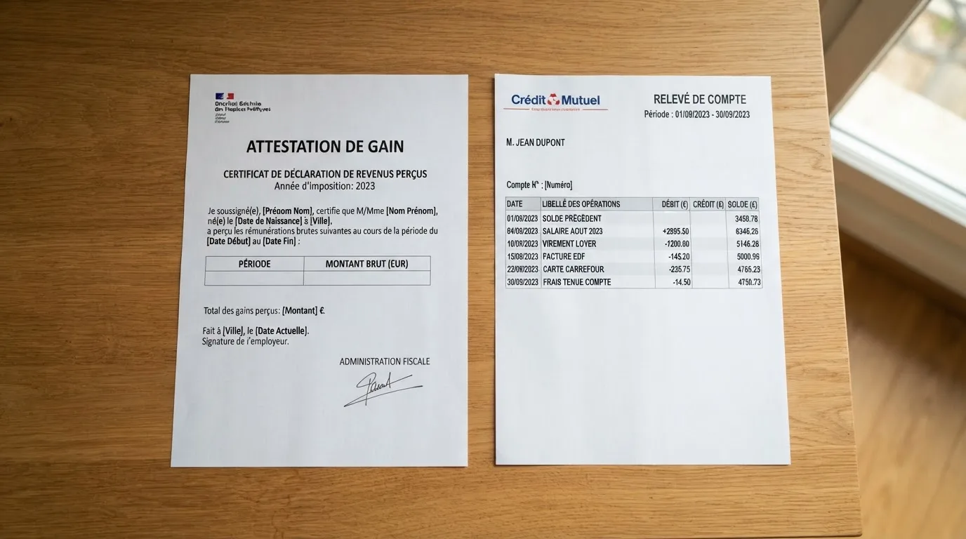 Document d'attestation de gain posé à côté d'un relevé bancaire sur un bureau