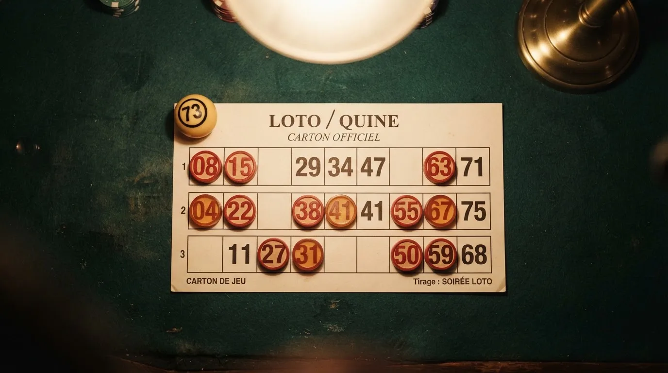 Grille de bingo avec un carton 3 lignes sur 9 colonnes et des jetons numérotés posés dessus