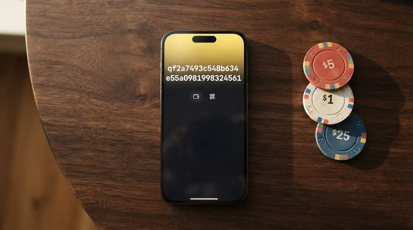 Gros plan sur une application de portefeuille crypto affichant une adresse Bitcoin Cash au format CashAddr commençant par la lettre q, sur fond de pièces BCH.