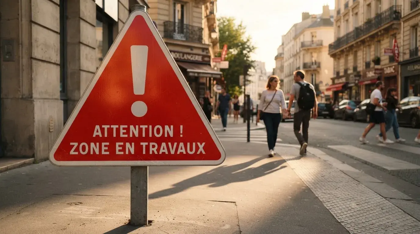 Panneau d'avertissement stylisé évoquant l'interdiction des jeux de casino en ligne en France