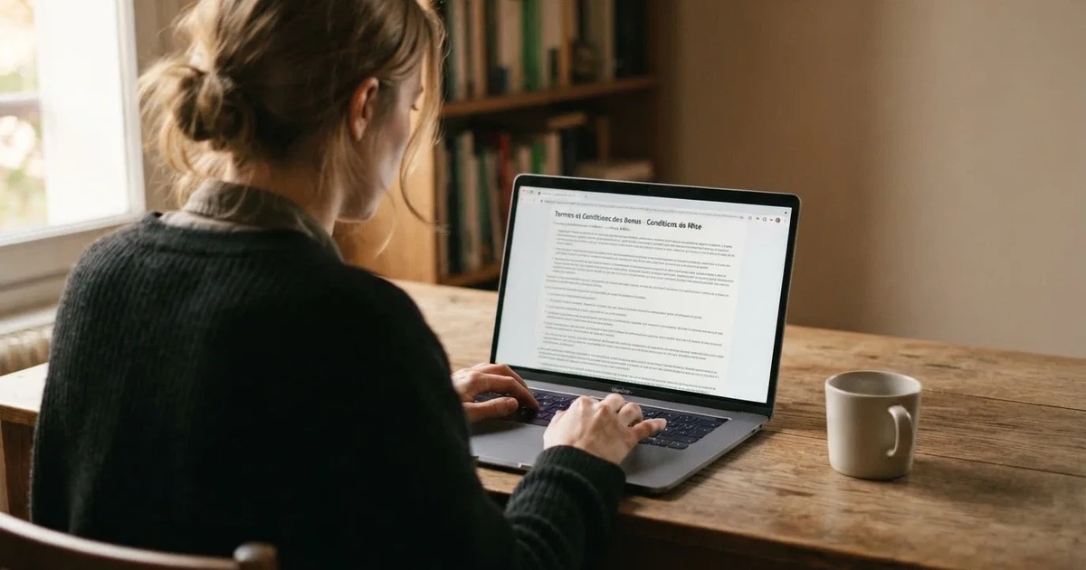 Écran d'un joueur consultant les conditions de mise d'une offre de bienvenue sur un ordinateur portable