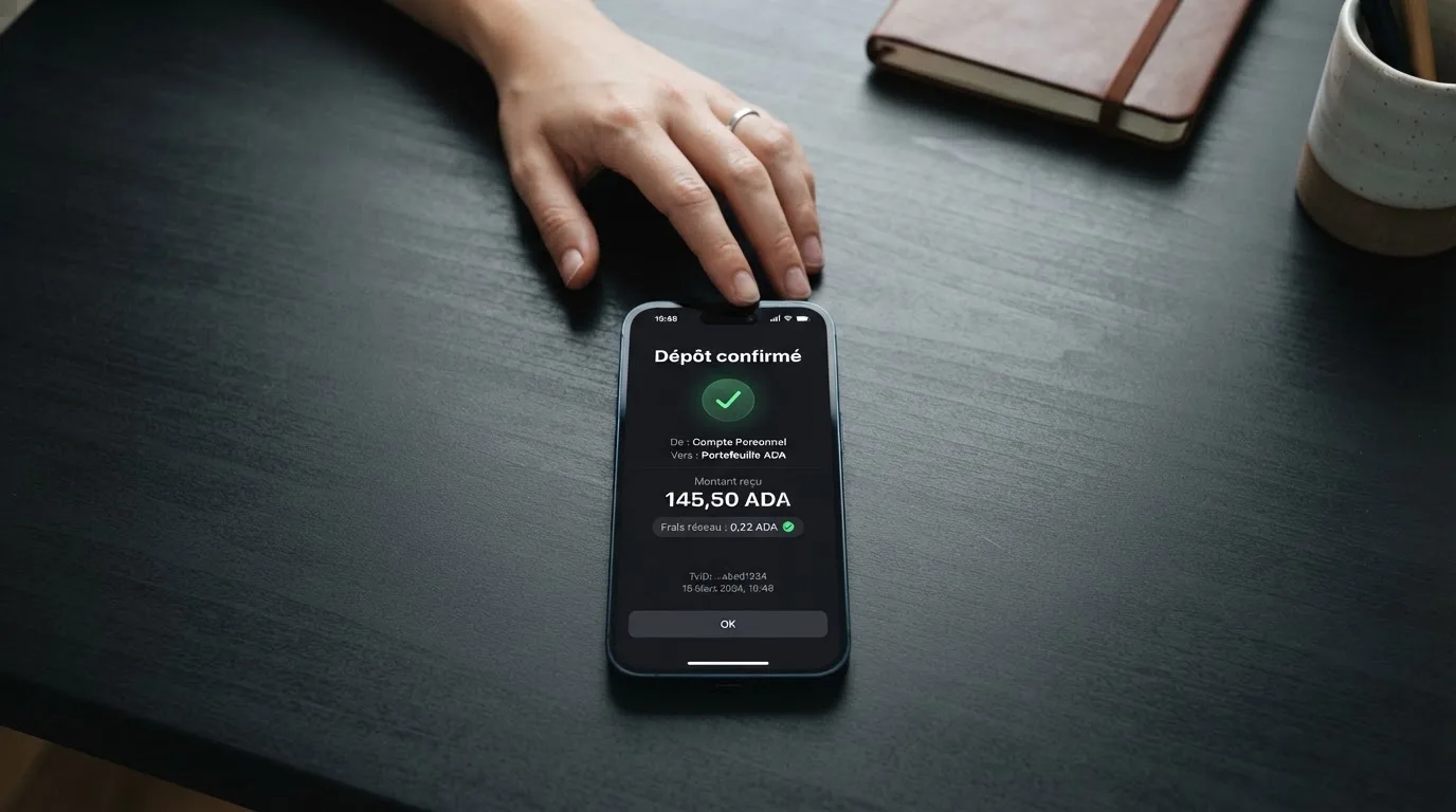 Confirmation d'une transaction Cardano affichée sur l'interface d'un casino en ligne, avec le montant des frais de réseau détaillé