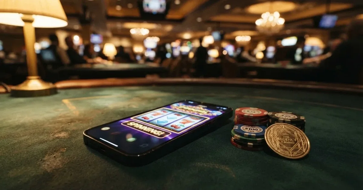 Pièces physiques et jeton numérique Cardano (ADA) posés à côté d'un écran affichant un casino en ligne