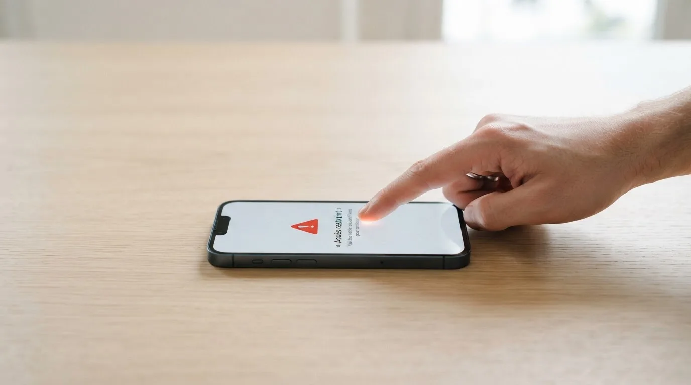 Écran de smartphone affichant un avertissement officiel sur les jeux d'argent illégaux en ligne en France