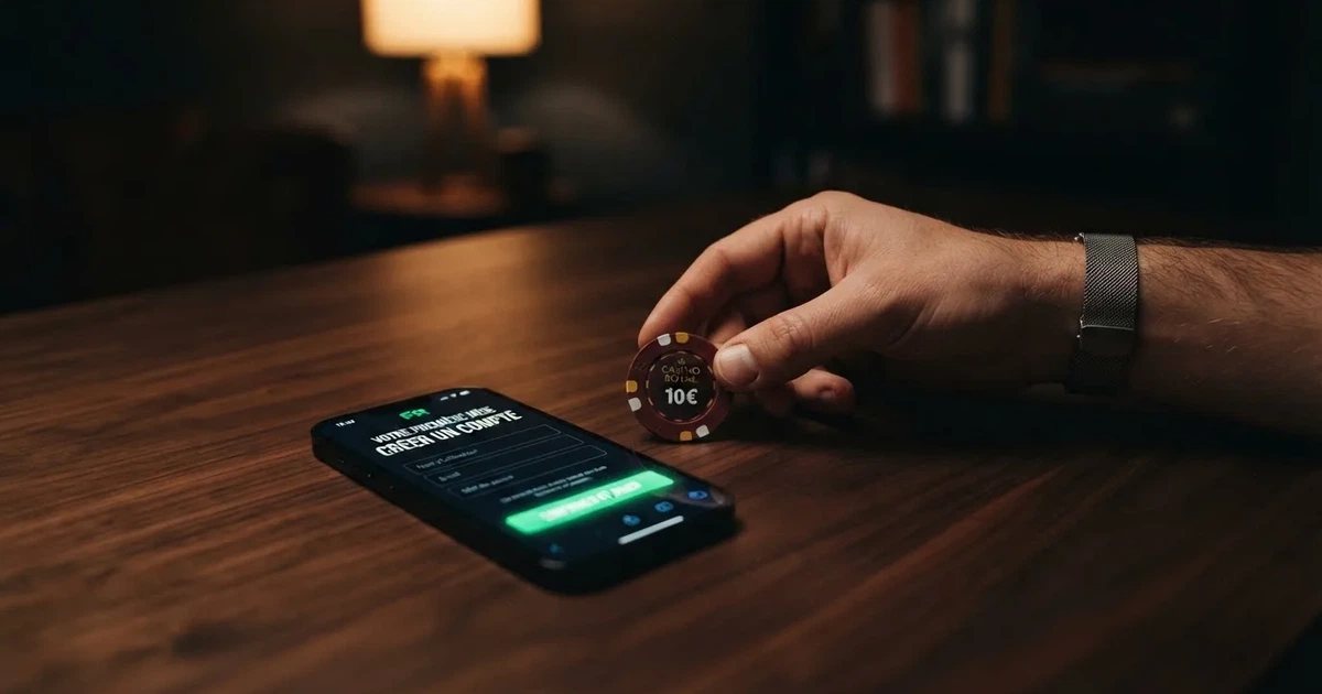 A hand placing a twenty-euro note next to a smartphone showing an online gambling sign-up screen
