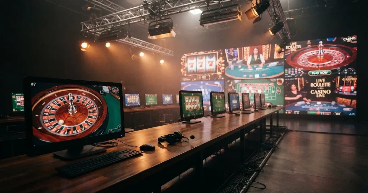 a games-technology supplier's logo wall shown behind a row of casino monitors in a broadcast studio, no brand names visible