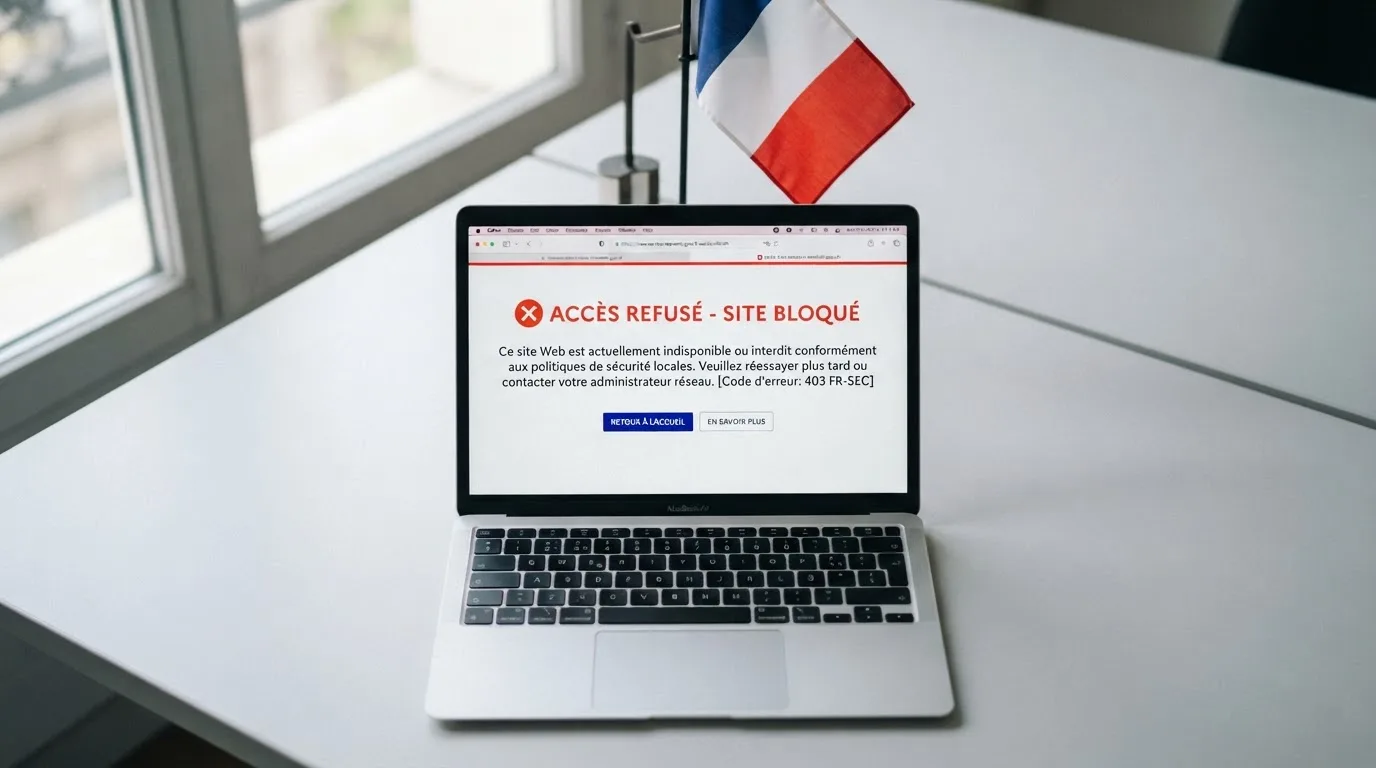 Un écran d'ordinateur affiche un message d'accès bloqué à un site de jeux d'argent non autorisé, sur fond de drapeau français stylisé.