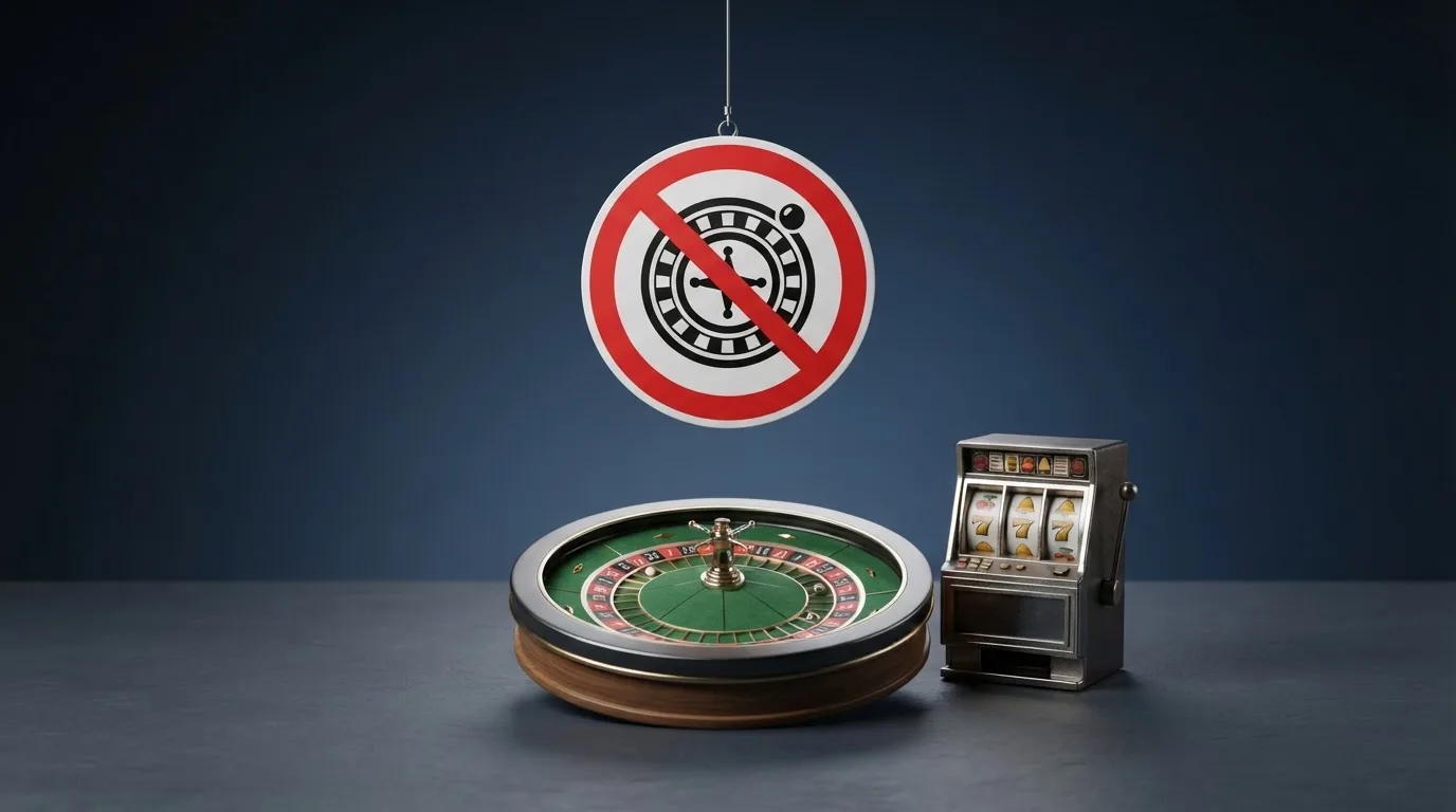 pictogramme d'interdiction superposé à une roulette et des machines à sous, illustrant l'interdiction du casino en ligne en France