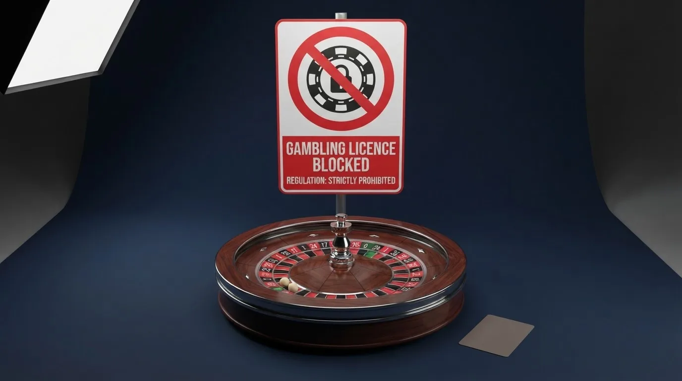 Le logo de l'Autorité nationale des jeux (ANJ) associé à un symbole d'interdiction sur fond de roulette de casino.