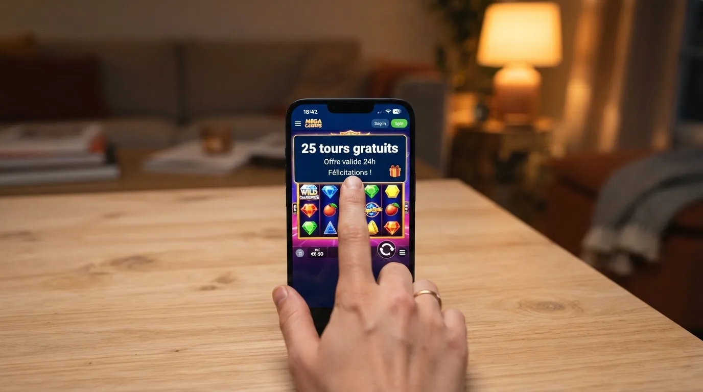 Écran de smartphone affichant l'interface mobile d'un casino en ligne avec une notification de tours gratuits