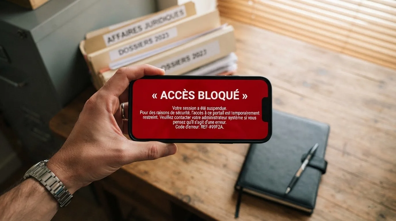Main tenant un smartphone affichant un écran de blocage de site avec un message d'avertissement rouge, dans un décor évoquant un bureau administratif français.