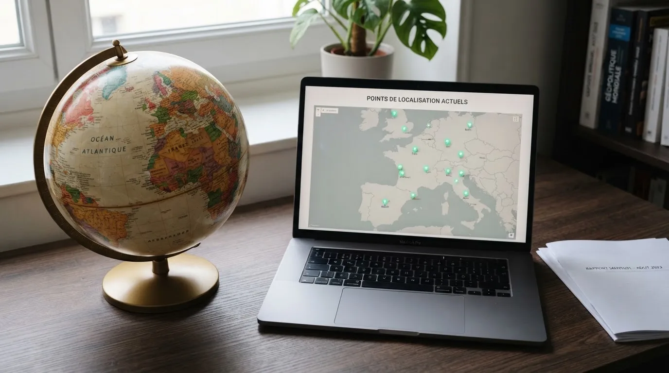 Un globe terrestre posé à côté d'un ordinateur portable affichant une carte du monde.