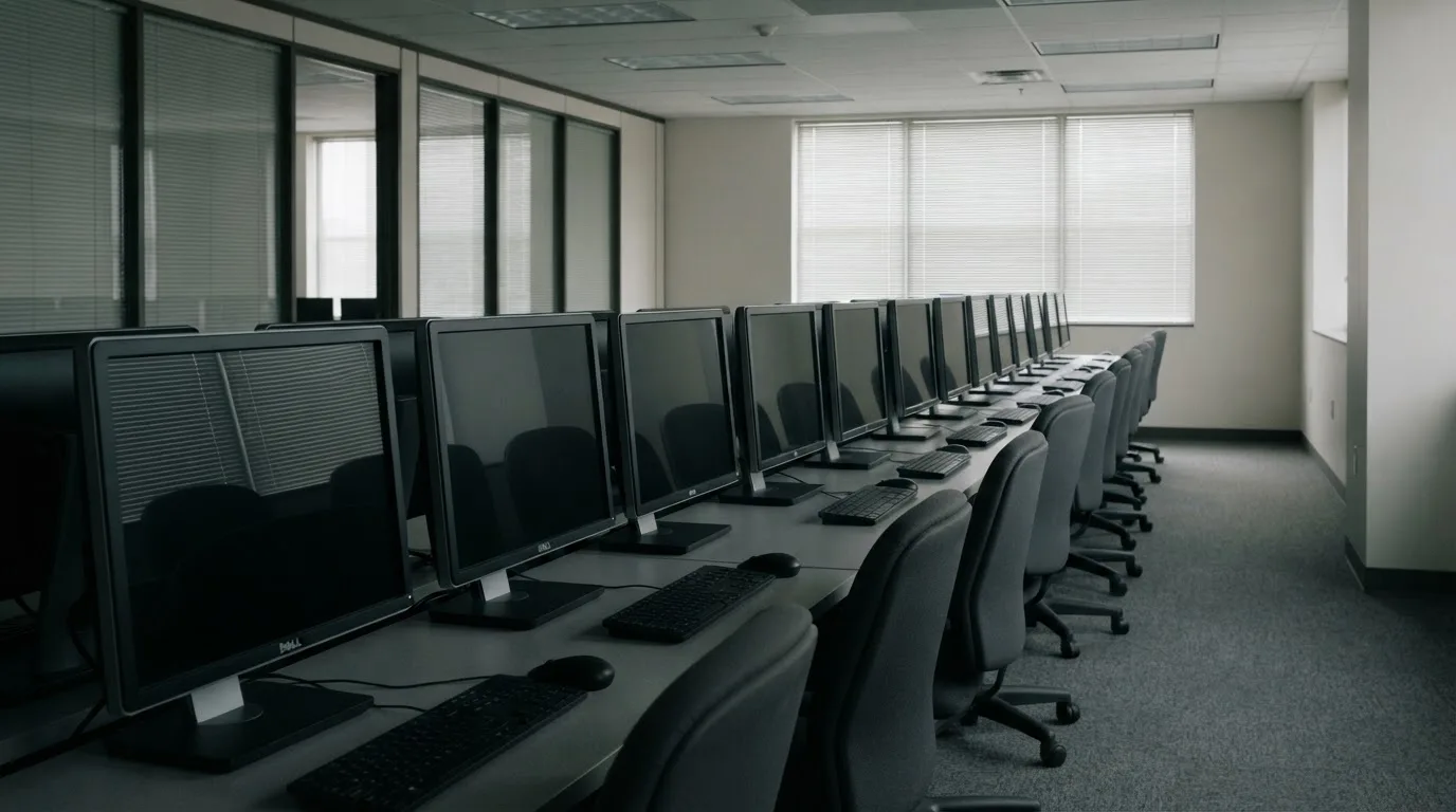 Une rangée d'écrans d'ordinateur éteints dans un bureau vide.