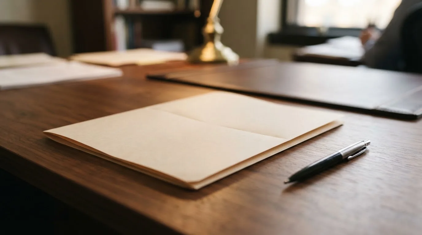 Un dossier administratif fermé posé sur un bureau en bois, avec un stylo à côté.