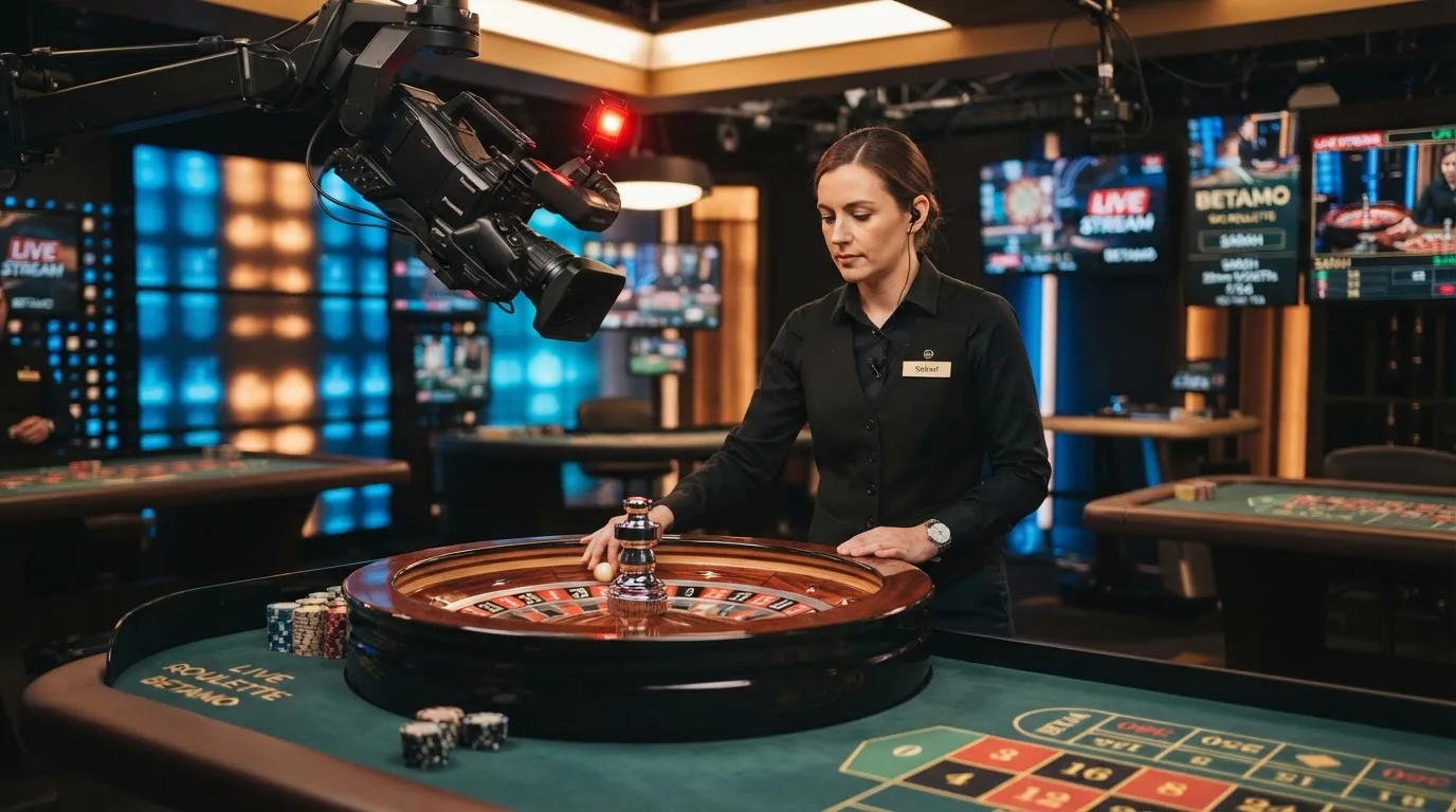 a live dealer standing at a roulette wheel under studio lighting, streaming camera visible above the table