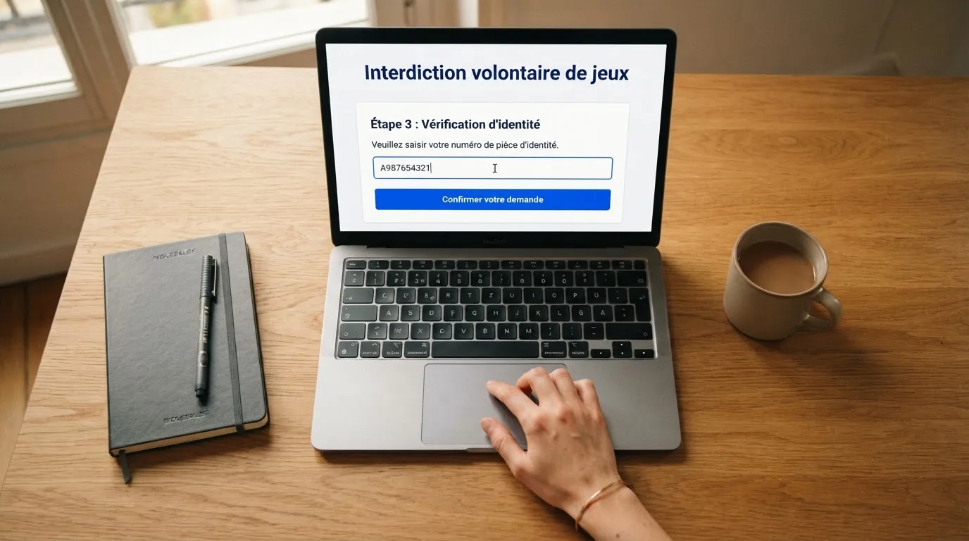 a laptop screen showing a government self-exclusion registration form with an identity-check step, no logos visible