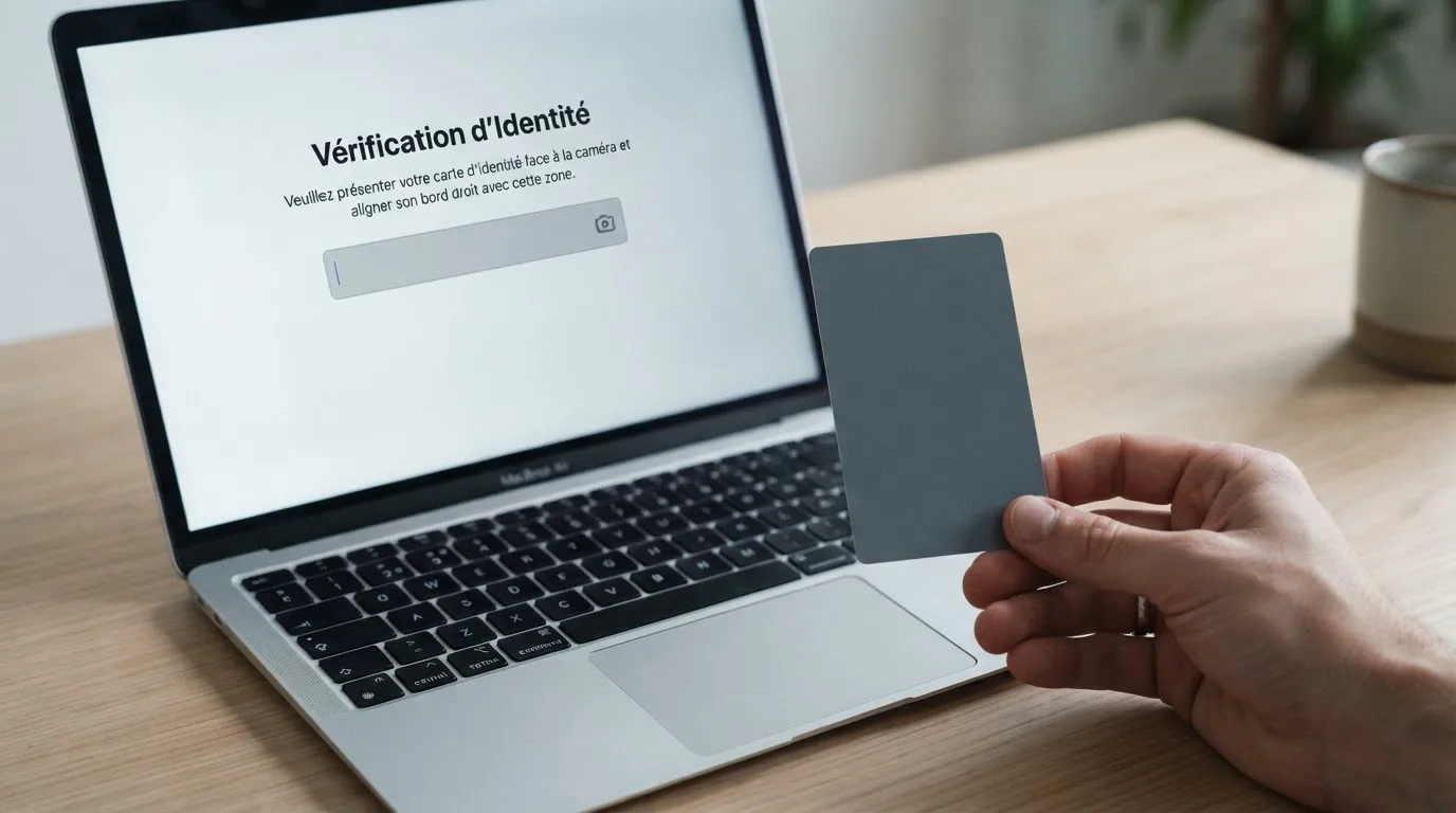 Close-up of a hand holding an identity document next to a laptop showing an online registration form