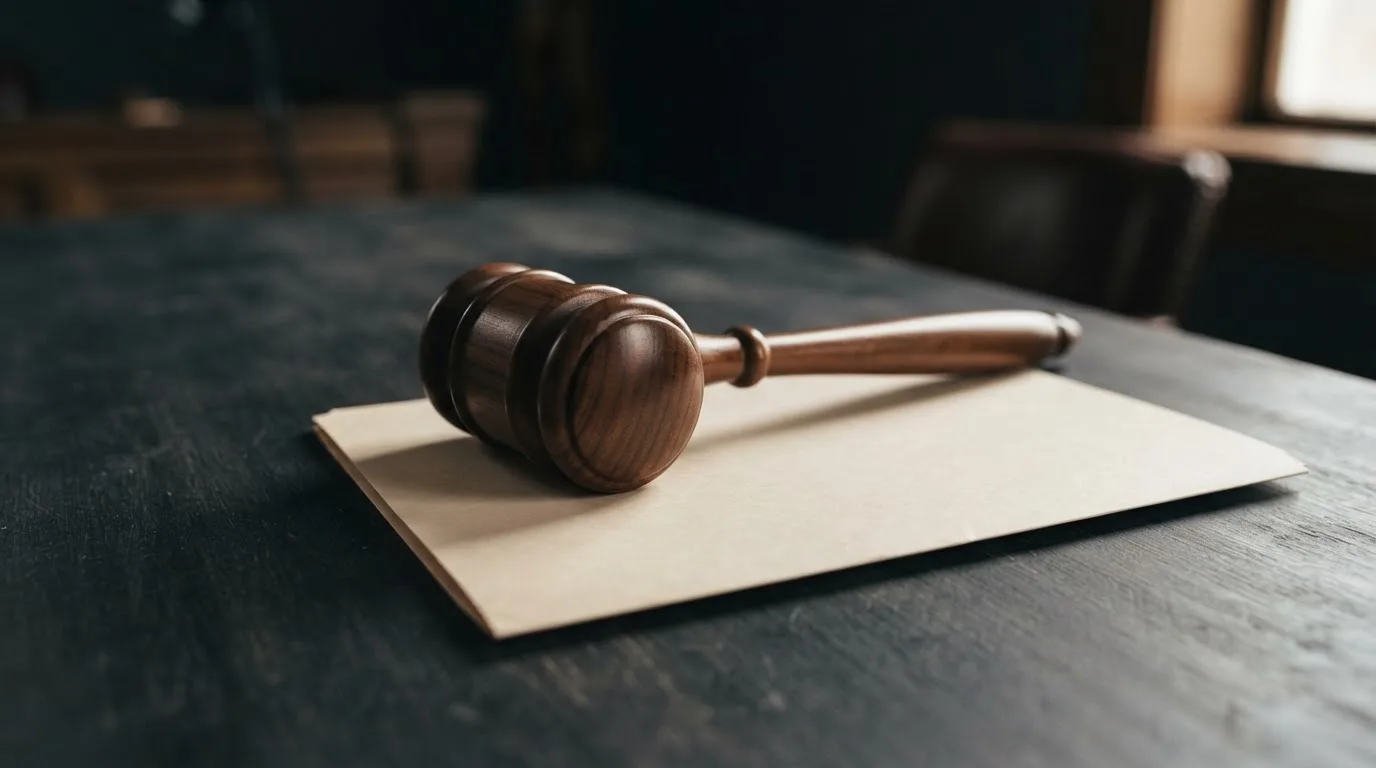 A gavel resting on a folder marked with a legal document, symbolizing regulatory enforcement
