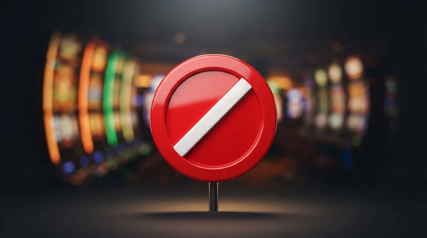 a red official-style stop/prohibition icon overlaid on a blurred casino slot-reel background