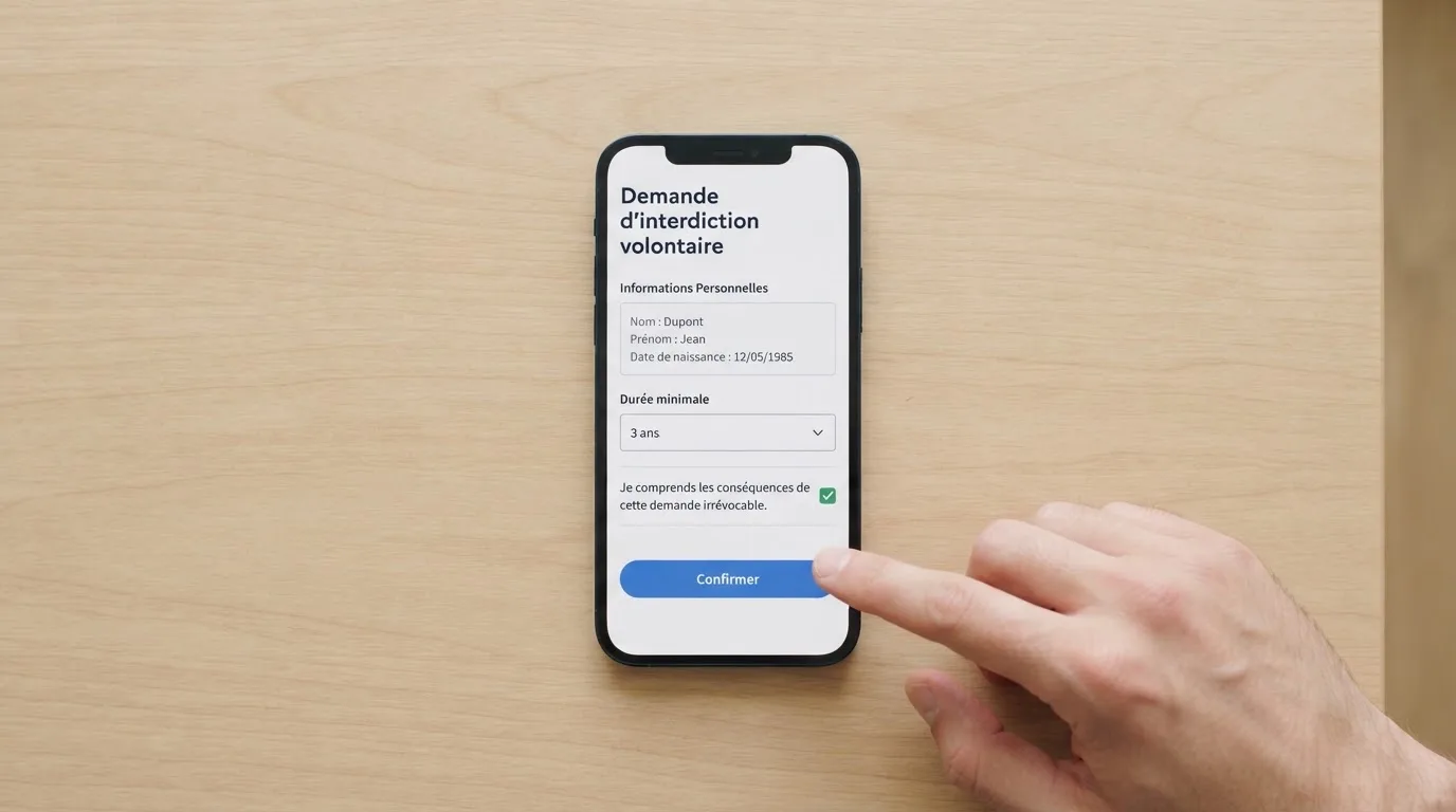 Formulaire de demande d'interdiction volontaire de jeux ouvert sur un smartphone