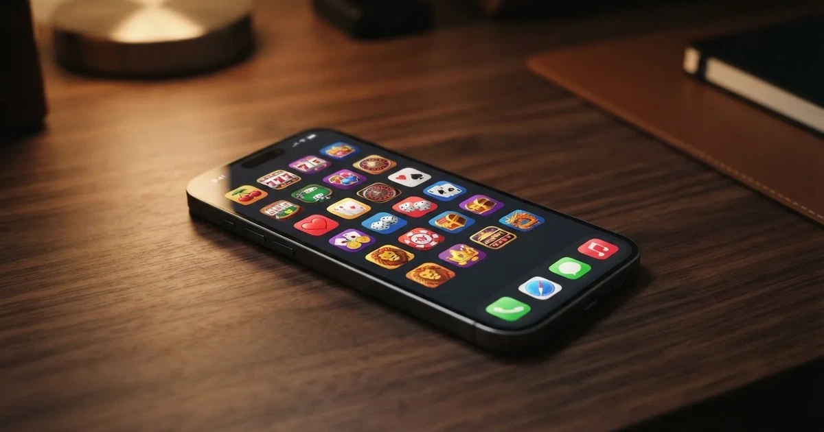 Écran de smartphone affichant une grille d'icônes d'applications de jeux, sans nom de marque lisible.