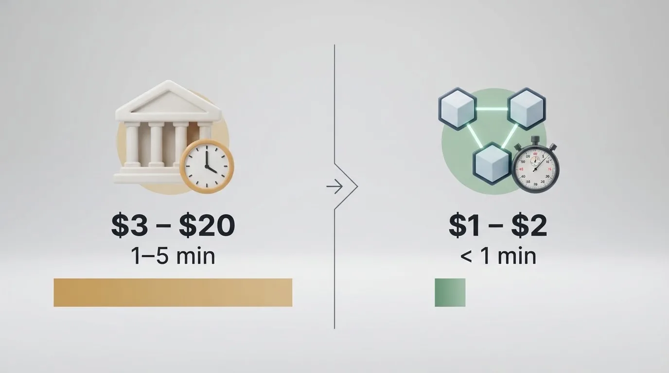 a split-screen graphic comparing a slow bank-transfer icon against a fast blockchain-transfer icon with a stopwatch