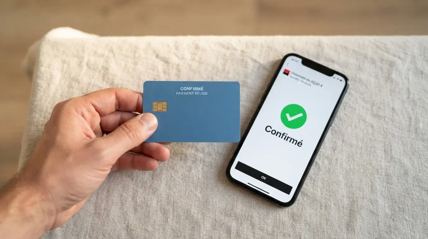 Close-up of a bank card and a smartphone displaying a payment confirmation screen