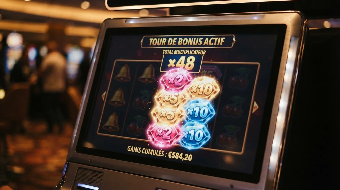 Gros plan sur des symboles multiplicateurs colorés qui s'accumulent lors d'un tour bonus de machine à sous